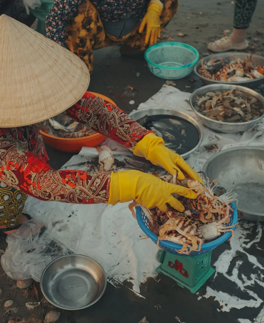 Người bán đội nón lá phân loại cua ở chợ hải sản